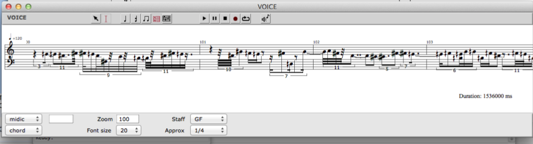 Figure 2: Transcribed and quantised pitch/duration material in Open Music